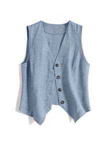 Women's Casual Resort Short Linen Vest Top - Blue - View 3