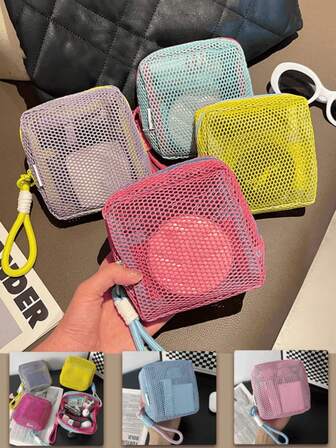 1 Mini New Dopamine Mesh Storage Bag, Macaron Color Fresh Style, Multifunctional Mesh Storage Bag, Makeup Bag Lipstick Storage, Travel Carrying Small Square Bag, Portable Mesh Tampon Storage Bag