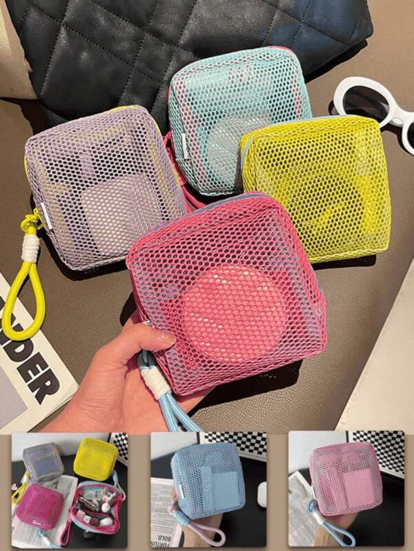 1 Mini New Dopamine Mesh Storage Bag, Macaron Color Fresh Style, Multifunctional Mesh Storage Bag, Makeup Bag Lipstick Storage, Travel Carrying Small Square Bag, Portable Mesh Tampon Storage Bag