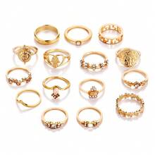 Set Of 15 Rings With Portrait Of Beauty Head Retro Gold Coin With Cross Pattern Palm Of Faith Ring - 金色 - 查看 6