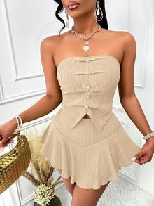 AIJ Amarilo 女士夏季度假休闲性感纯色褶皱吊带背心搭配少女风安全短裤和半身裙两件套，适合运动、日常生活、网球等场合。 - 杏色 - 查看 7