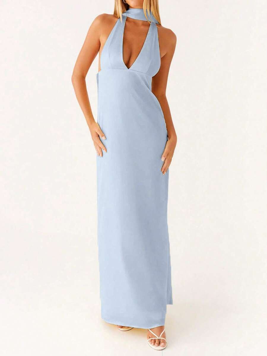 Women Sleeveless V Neck Formal Party Evening Cocktail Long Dress Halter Neck Open Back Silk Satin Maxi Dresses With Scarf - Màu xanh lam - Xem 1