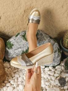 Zapatos de cuña de moda 2025, versátiles de punta redonda, estilo europeo y americano de paja de bajo empeine, zapatos de lino de tacón alto para mujer, elegantes, casuales, cómodos y de fácil puesta para vacaciones, adecuados para todas las estaciones - Multicolor - Ver 3