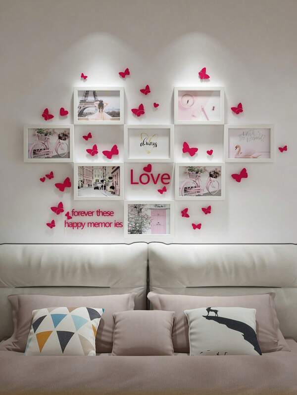 8 Stücke kreatives Galeriewand Fotorahmen Set, 5"/6"/7"/8"/10" Fotokollagen Anzeige für Wohnzimmer und Schlafzimmer, beinhaltet Landschaftsfotos & Schmetterlingsaufkleber