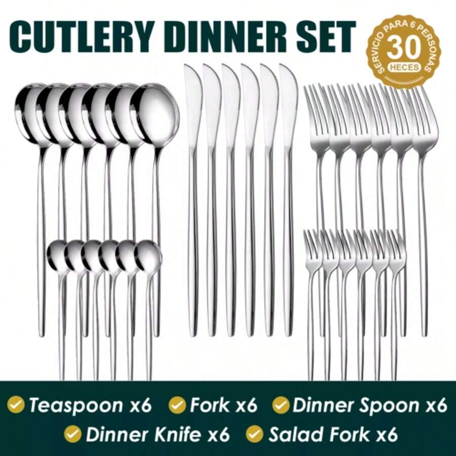30-Piece Party Tableware Set, Stainless Steel Polished Tableware Combination, Including Knives, Forks, Spoons, Teaspoons + Metal Brackets, Restaurant Party/Family/Wedding/Cafe Tableware - Silver - View 1