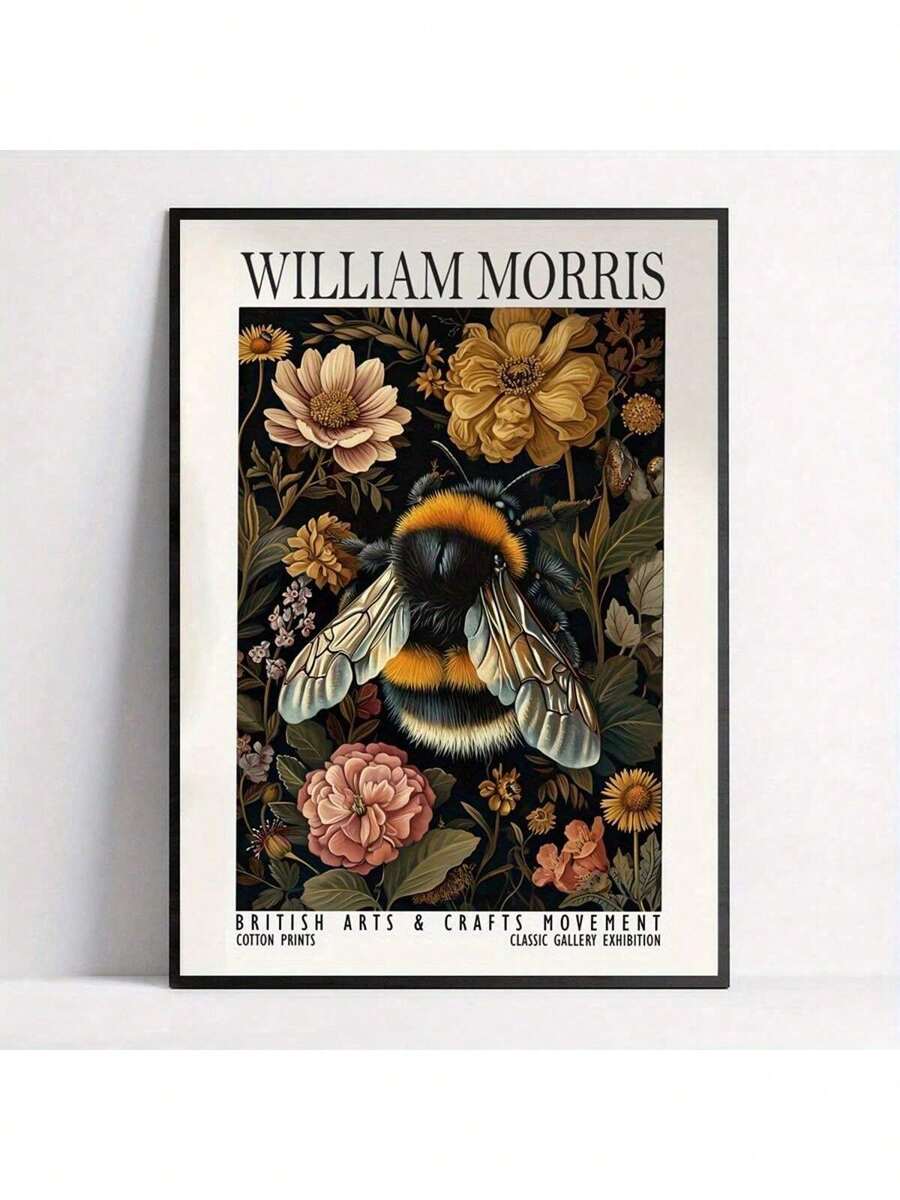 1pc William Morris-Inspired Bee & Floral Canvas Art Print - Art Decor Modern Retro Poster Animal Theme Wall Decor For Living Room, Bedroom, Home Office - Botanical Nature Insect Wall Hanging Optional Frame, Wall Art With Frame - Multicolor - View 1