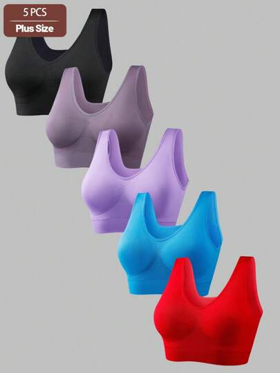 5pcs/Set Seamless Plus Size Sports Bras, Solid Colors
