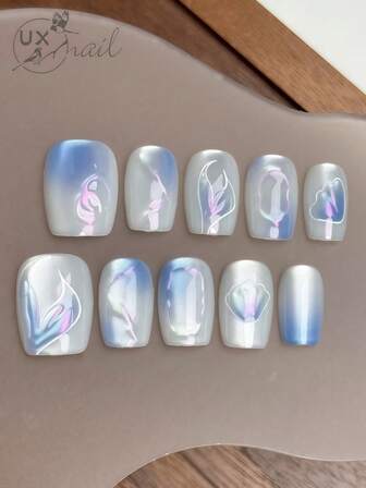10 piezas de uñas postizas cuadradas cortas hechas a mano, uñas con degradado azul y morado con diseño de sirena - soñadoras y artísticas, perfectas para fiestas de verano y mujeres amantes de la moda