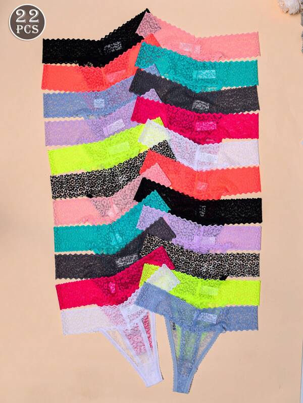 22pcs/Set Women's Leopard Print Low-Rise Lace Thong, 11 Colors, Sexy