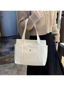1 pièce/2 pièces Grand sac fourre-tout en canevas, sac à bandoulière avec plusieurs poches, sac de course réutilisable, facile à transporter avec une poignée confortable, pour un usage quotidien et comme cadeau. Sac à main portable pour l'école, le travail et les courses