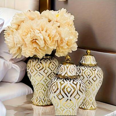 צנצנת ג'ינג'ר קרמית לבנה זהובה יוקרתית בצורת גליל 1 יחידות - אגרטל דקורטיבי עגול עכשווי ואלגנטי לסלון, שולחן אוכל וחדר שינה, חתונה - פריט דקורטיבי מודרני לבית