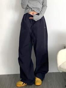 女士刺绣纯色阔腿抽绳腰宽松休闲裤，Y2K 风格