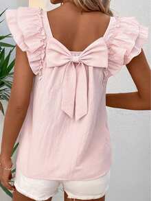 Gossamer Pink Textured Bow Knot Frilled Butterfly Sleeve Blouse Tops Summer Outfits For Women - Pink - View 3