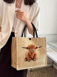 Set de 2 bolsas de lino con estampado de vaca de dibujos animados. Incluye una bolsa de maquillaje, bolso de almacenamiento casual portátil, bolso de moda islámica, bolso con estampado animal, bolso de moda modesta, bolso de compras multifuncional, nuevo diseño, gran capacidad, elección de compras ideal, adecuado para uso diario, regalos del Eid para ella, cumpleaños, vacaciones, playa, viajes, picnics, campamentos, supermercado, almacenamiento diario, regalo del Día de la Madre.