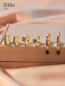 Hihho 3 pasang anting dekorasi berlian imitasi - Yellow Gold - View 4