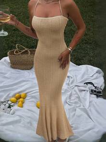 Sexy Solid Color Sling Backless Mermaid Hem Tie-Back Fashion Women Summer Dress - Yellow - View 5