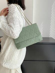 Diamond Pattern Chain Detail Fashion Crossbody Bag With Double Flap Snap Closure - Green - View 2