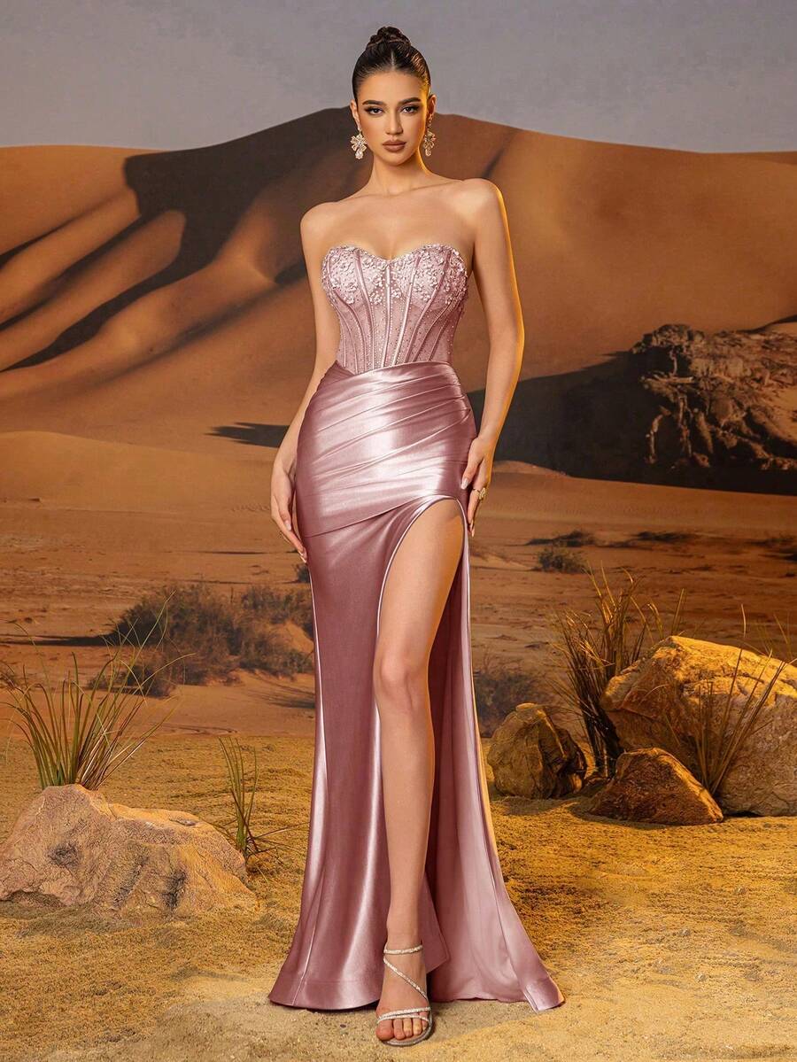 Sexy Rhinestone 3D Flower Formal Evening Gown For Women With High Split Long Sparkly Luxury Mermaid Satin Prom Dresses With Semi-Sheer Boned Corset Strapless Party Gown, For Wedding Guest - 粉色 - 查看 1