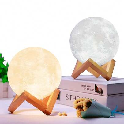 Luminária Lua Cheia 3D Luz Quente 10cm Com Suporte Abajur LED Decoração Sem Fio Enfeite FRETE GRÁTIS