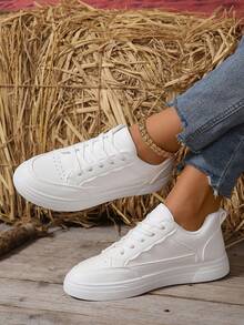 秋冬大码女运动鞋，白色百搭学生鞋，平底时尚运动鞋，新款白色系带休闲平底防滑运动鞋 - 白色 - 查看 4