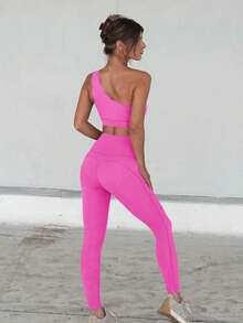 Workout Sets For Women 2 Piece High Waisted Leggings With One Shoulder Stretchy Sports Bra Gym Tracksuits - 粉色 - 查看 5
