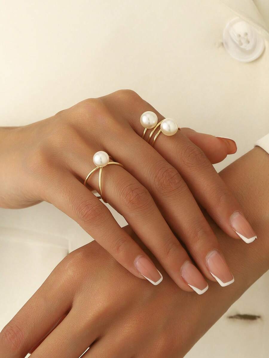 1 件简约珍珠可调节戒指套装，适合女性日常佩戴 - 金黃色X2316 - 查看 1