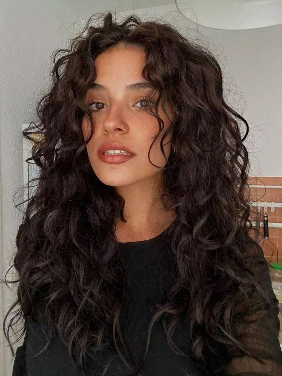 Long Curly Wig With Bangs Black Kinky Curly Layered Fluffy Shag Wig Synthetic Hair Wigs For Women 24inch Party Cosplay Wig Long Curly Messy Hair Wigs With Bangs - màu nâu - Xem 1