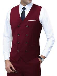 3 PiecesMen's Business Formal Suit Set, Includes Double-Breasted Jacket, Vest And Pants, Work/Formal Wear - Burgundy - View 5