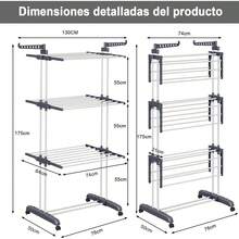 Tendedero Vertical Plegable 4 Niveles, para Ropa Airer de Metal Acero Inoxidable,Soportes Tendederos Portátil,Rack Retráctil para Ropa con Alas Laterales y Ruedas - 1 - Ver 5