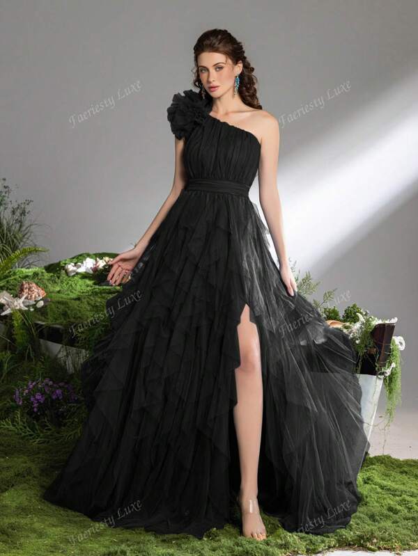 Faeriesty Elegant Maxi Evening Dress With Cascading Layered Tulle & Split Hem | Ideal For Celebrity Parties, Summer Galas, Or Luxury Garden Soirees, Formal, Party Dress, Gown, For Wedding Guest