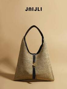 1pc Bohemian Vacation Straw Weaved Tasseled Tote Bag, Shoulder Bag, Casual Large Capacity, Versatile For Daily Commute, Fashion Casual, Tourism, Beach, Wedding - màu đen - Xem 2