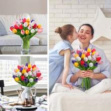 Colorful Artificial Tulip Flower Bouquet, Placed In Glass Vase - Vivid Polyurethane Fake Flowers, Perfect For Valentine's Day Home Decor, Realistic And Durable, No Battery Needed, Floral Decoration