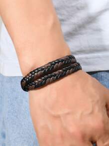 Pulseira de couro trançado multicamadas, acessório minimalista e personalizado com fecho magnético para casais, adequada para uso diário e presente