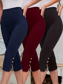 3pcs Women High Waist Elastic Skinny Pants - Fashionable Sportswear With Faux Button Detail, Moisture Wicking Polyester Fabric, 4-Way Stretch For Ultimate Comfort - Machine Washable - Multicolor - View 1