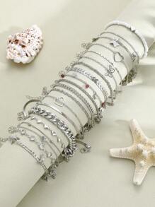 19/6 Stücke Strandsommer Ferien Herz Schmetterling Perlen Kunststein Quaste Charm Kette Fußkettchen Set, minimalistischer Metallakzent, elegantes vintage Design, geeignet für Urlaub, Partys, Geschenke, Alltag