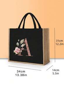 Casual Tote Bags For Women, Large Capacity Shopping Bag, Linen Beach Tote Bag, Gold 26 Letter Print Commuter Tote Bag, Jute Tote Bag Women's Shopping Bag, Gold Lettering And Flowers, Large Capacity Reusable Shopping Bag