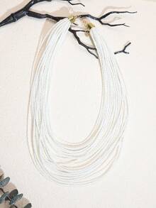 1pc Women's Fashion Exaggerated Multi-Layer Rice Bead Necklace - White - View 3