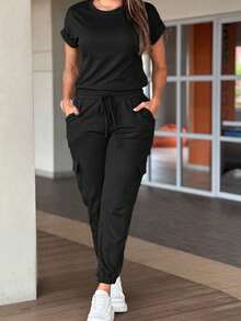 Vaiaye 女士时尚简约圆领短袖连体裤