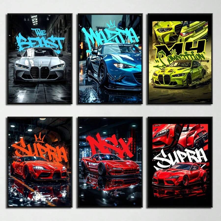 1 PIEZA Póster con marco opcional, estilo moderno con impresión en lienzo de un automóvil azul Miata Supra E36, estilo callejero, arte abstracto, decoración para el hogar, club y regalos - Multicolor - Ver 1