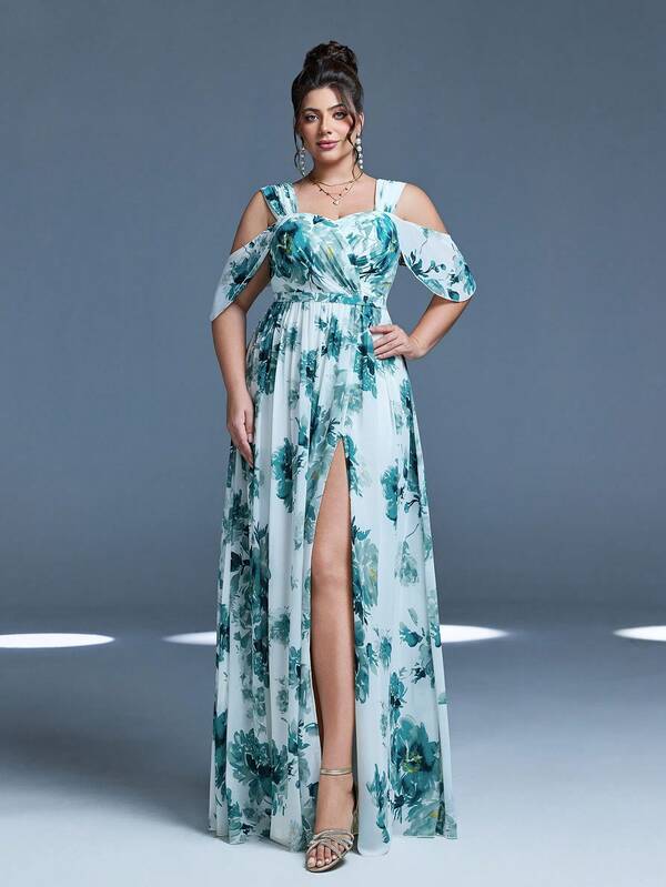 Vestido largo de gasa transparente con cuello en V, elegante, para dama de honor, con estampado, volantes y abertura alta en la falda