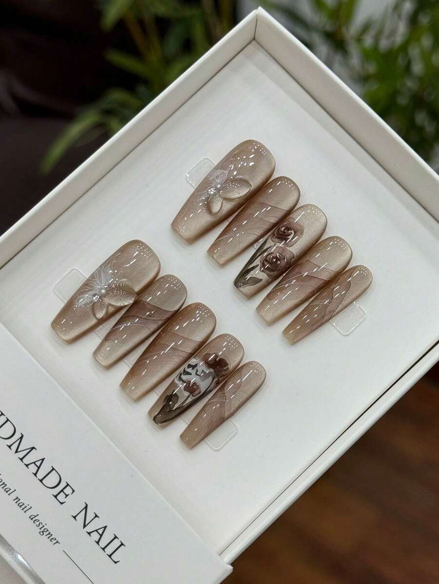 Handmade Long Nail Sticker With Butterfly & Rose Landscape Design, Nail Art Supplies Press On Nails Nails