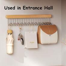 1pc 12/16 Inch Wooden & High Quality Stainless Steel Retractable Closet Rail With 8/12 Hooks, Includes Pants Rack, Bra Rack, Kitchen Rack, Entrance Hall Rack, Suitable For Closets, Entryways, Kitchens, Maximizes Narrow Spaces, Comes With Adhesive And Mounting Tape - Khaki - View 5