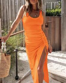 Chicme Ribbed Sleeveless Drawstring Ruched High Slit Dress Casual Sexy Satin Flutter Sleeve Wedding Guest Dress Paris   Vma Formal Womenswear - White - View 3
