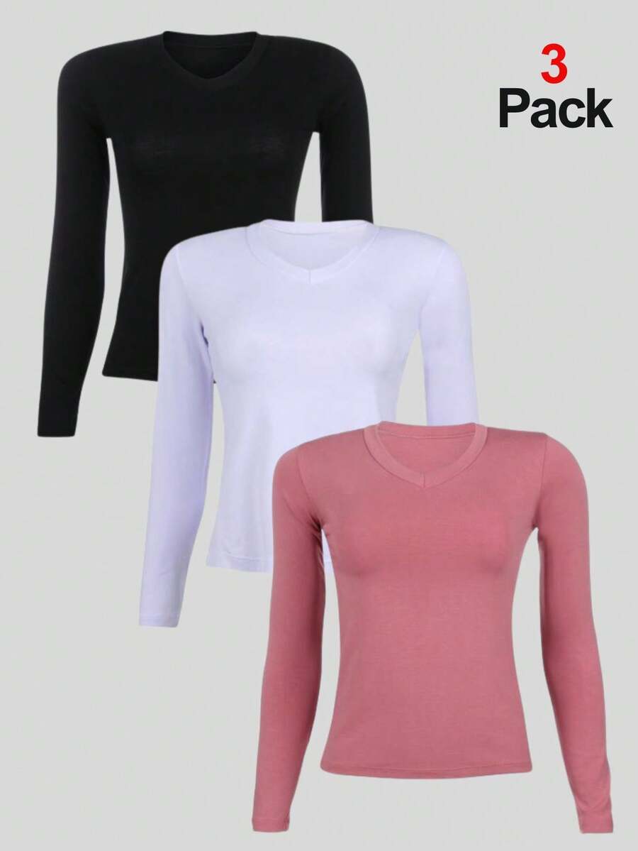 Kit 3 Women's Basic Long Sleeve V-Neck Blouses - Negro / Blanco / Rosa - Ver 1