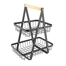 2/3-Tier Wooden Handled Fruit Basket, Metal & Wood Material, Colors: White, Black, Wrought Iron Fruit Storage Basket, Dual/Triple Layer Detachable Organizer Basket For Living Room, Kitchen