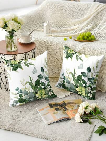 1 قطعة /2 قطعة لكل غطاء وسادة ربيعي مع ورق الكينالبتوس، غطاء وسادة ذو نقشات زهرية موسمية، ديكور أريكة المنزل