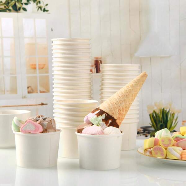 50 Stücke 100ml/150ml Papier Eiscreme Becher, kleine weiße Dessertschalen, Gefrorener Joghurt Becher, weiße Dessertschalen, gefrorene Dessert Zubehör (Weiß), Eiscreme Papierbecher, gefrorene Joghurt Becher, weiße Dessertschalen, gefrorene Dessert Zubehör, für Partys, Feiertage, Treffen, täglichen Gebrauch