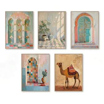 1pc Moroccan Marrakech Door Mediterranean Architecture Elegant Vase Botanical Boho Poster Canvas Painting Wall Home Decor Gifts Optional Frame ,Wall Art With Frame