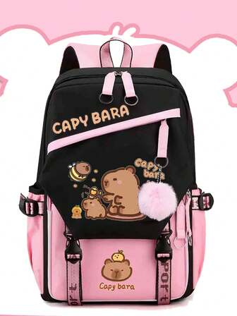 1 件卡通风格可爱水豚图案撞色书包。大容量活泼学生包，多口袋。注意：字母随机，背面顶部学校