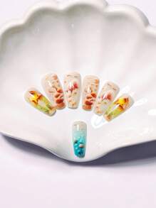 Medium And Long Ballet-Shaped Multi-Color French Style False Nails, Jellyfish And Dolphin Wearable Nails, Fashionable Design, Ocean Style, Full-Coverage False Nails Art Stickers, Fish Nail Decoration Supplies. Suitable For Office Ladies, Parties And Daily Wear. Full-Coverage False Nails Art Stickers + 1 Bottle Of Gel + 1 Nail File. Decorate Your Nails And Enhance Your Fashion Taste. Nails.